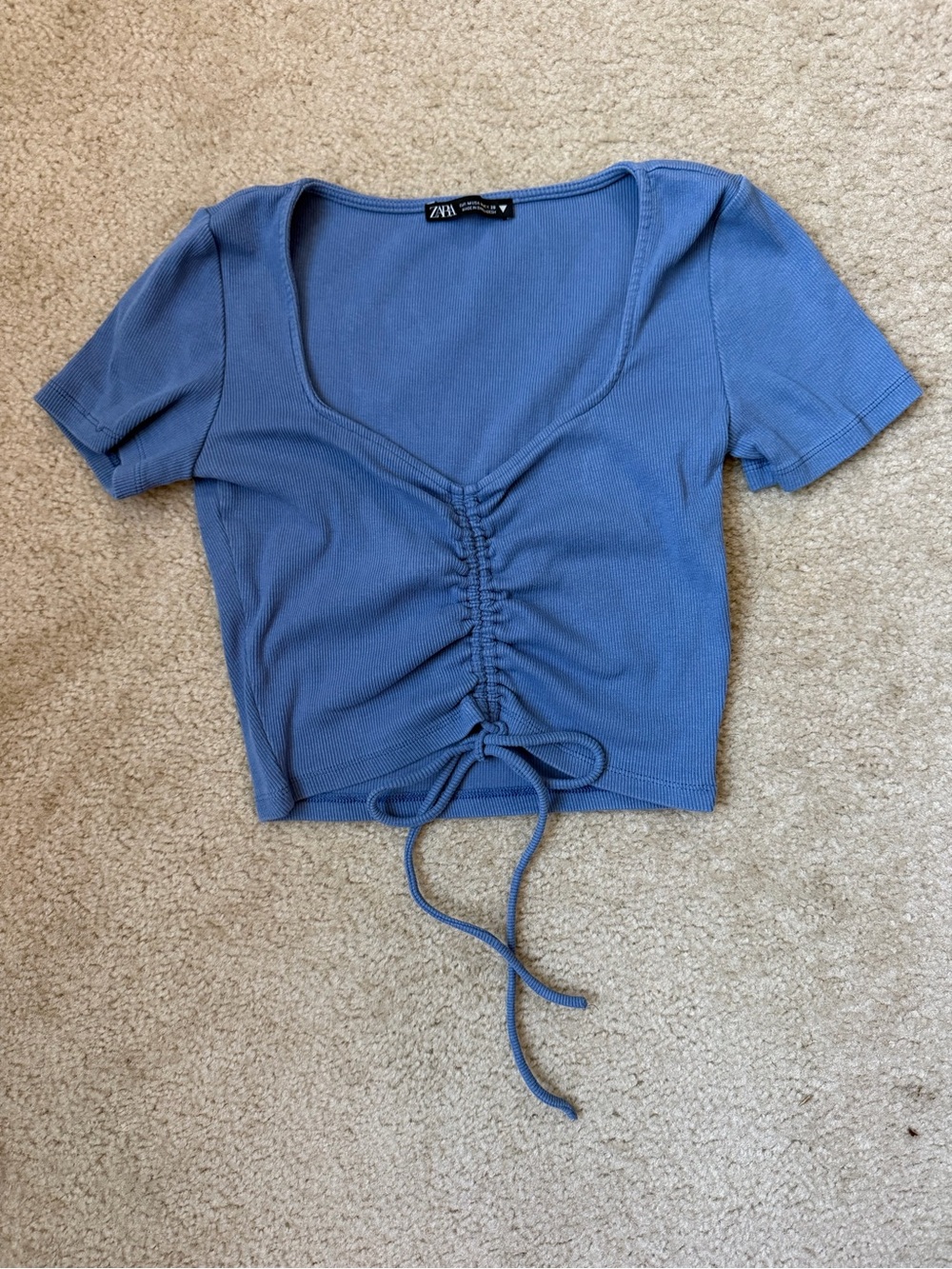 Zara Dusty Blue Ribbed Drawstring Crop Top
